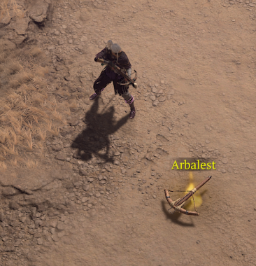 A screenshot from Diablo 4. A weapon on the ground in front of my character is called Arbalest