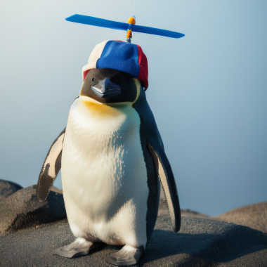 A small penguin wearing a propeller beanie