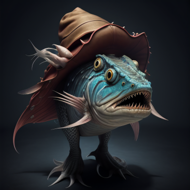 A fish with legs and too many eyes wearing a hat