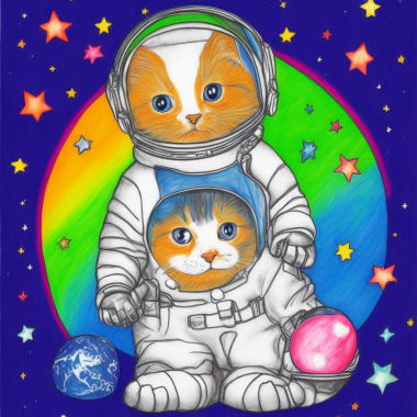 A crayon drawing style image of a kitten in a space suit including space helmet