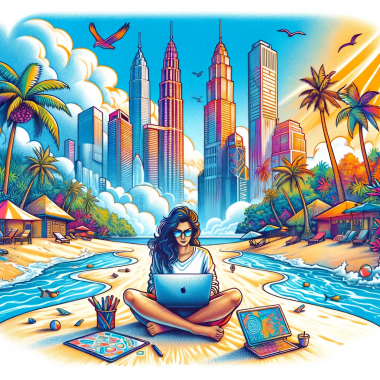 "Digital Nomad": An illustration of a person working on a laptop while sitting on a beach, with a mix of urban skyscrapers and tropical paradise in the background.