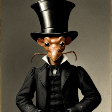 a figure from the waist up dressed in a black jacket and huge black stovepipe hat, and the face of an ant