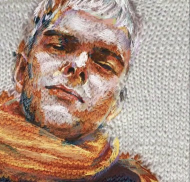 Portrait of a person with an orange scarf. colorful crosshatch drawing over knitting