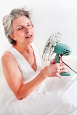 mature woman holding an electric fan near her face