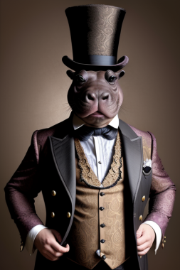 A hippo wearing a brocade waistcoate and jacket, plus ornate top hat, like a dapper Victorian gentleman