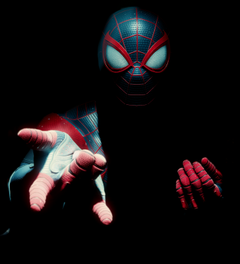 A silhouette of Spider-Man lit with a bright white light from above. He is starting to shoot a web directly at the camera. Close-up shot.