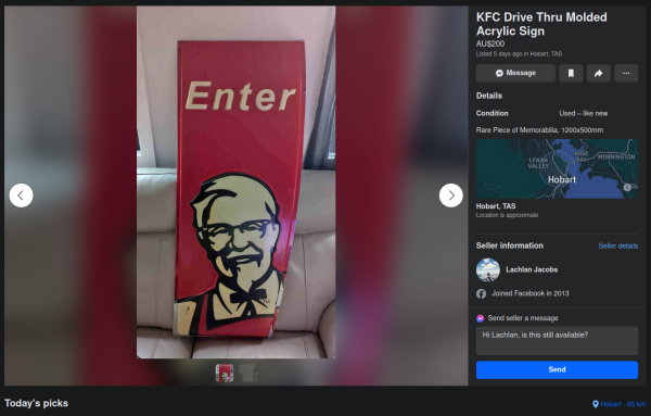A facebook marketplace listing for a KFC drive-thru sign. The sign is red, with a picture of colonel sanders and the text 'enter'. The facebook listing describes it as a 'rare peice of memorabilia', yet it has clearly been pulled off of a drive thru somewhere