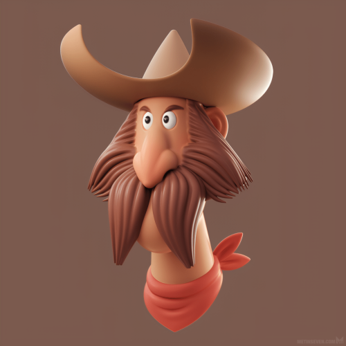Cartoon-style 3D portrait of a cowboy with a huge moustache and large hat.