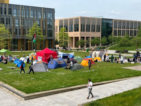 A large grassy area. It covered in tents and students all over it. There's a flagpole with a Palestine flag on it. In the background are two square buildings. 