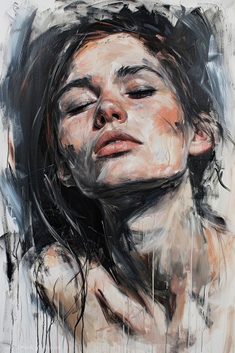 In this artwork titled "Woman," you'll find a portrayal of a serene brunette woman. Her eyes are closed, adding a sense of tranquility to the scene. The brushstrokes are bold and expressive, giving the painting a textured and dynamic feel.
