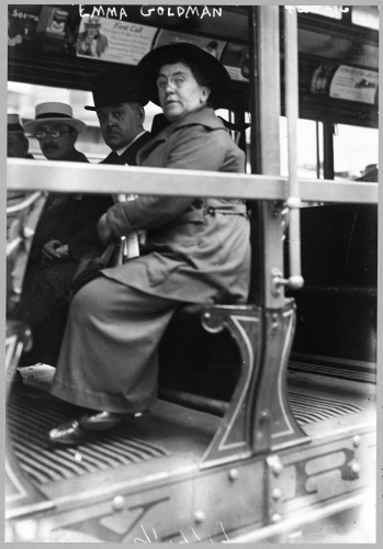 Title: [Emma Goldman on a street car]

Date Created/Published: [1917]

Medium: 1 photographic print : gelatin silver.
Reproduction Number: LC-B2-4215-16 (b&w glass neg.)

Rights Advisory: No known restrictions on publication.

Call Number: LOT 10876-5 <item> [P&P]

Repository: Library of Congress Prints and Photographs Division Washington, D.C. 20540 USA

Notes:
    Photograph by Bain News Service.
    George Grantham Bain Collection (Library of Congress).
    Library of Congress prints and photographs: an illustrated guide / Library of Congress. Washington, D.C. : Library of Congress, 1995, p. 35


