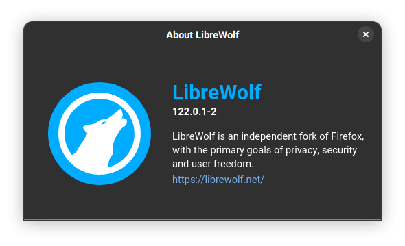 A screenshot of the "About LibreWolf" window showing that I am using version 122.0.1-2 of LibreWolf.