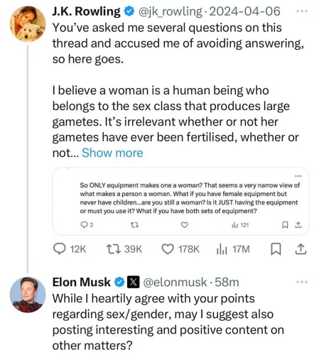 Elon telling JK Rowling to stop posting so much about gender stuff 