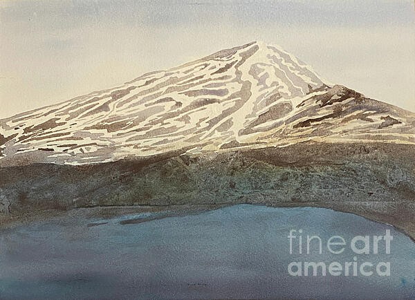A snowy mountain with exposed rock above a blue glacier feed lake. This painting was painted with watercolor.