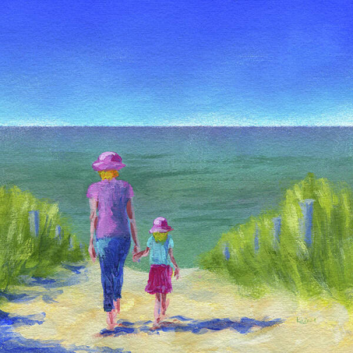 Together walking through the sand dunes is an acrylic painting in a contemporary square format by artist Karen Kaspar. A woman walks hand in hand with a little girl through sandy dunes to the beach. You can see the woman and the girl from behind. The woman is wearing blue pants and a purple t-shirt. The girl wears a light blue t-shirt and a pink skirt. Both wear pink hats with blond hair peeking out. The path to the beach is lined left and right by green seaweed. In the background, the sea stretches out in shades of blue and teal under a blue summer sky.