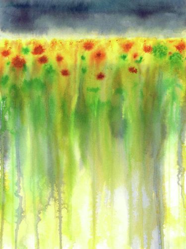 Sunflower Field Abstract is a painting in portrait format painted with watercolors and ink by the artist Karen Kaspar. It shows a field with many yellow blossoming sunflowers under a dark indigo blue cloudy sky. 
A summer thunderstorm is approaching and rain is on the horizon. The dark sky makes the yellow sunflowers glow. 