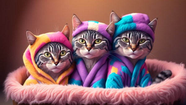Three AI generated cute kittie cats in colourful PJ's