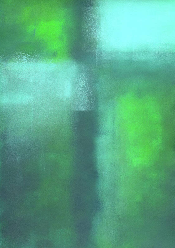 Hope is an abstract acrylic painting in vertical format painted by artist Karen Kaspar. It is painted in various vibrant shades of green, teal and blue expressing hope, belief and love. Blurred geometric shapes form a cross in this artwork.