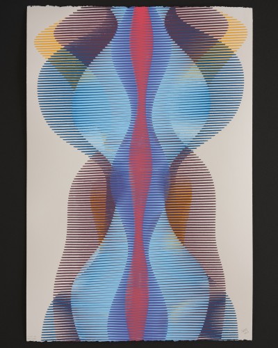 An abstract painting produced by a robotic pen plotter using a generative algorithm. Red, blue, violet, and yellow acrylic ink on pearl grey paper.