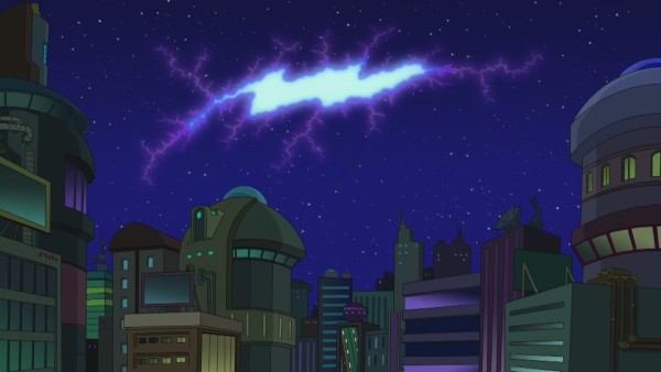 A rip in the space-time continuum as seen from New New York. Futurama frame.