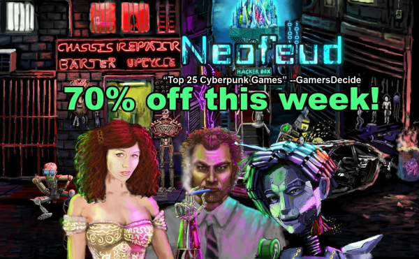 Neofeud title screen with robot princess and cyborg 'neofed is 70% off'