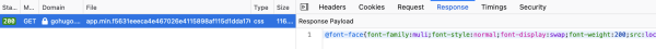 “Response Payload” tab from Firefox Developer Tools — showing that this tab doesn’t word-wrap minified text, as is allowed in similar interfaces within Chromium-based browsers.