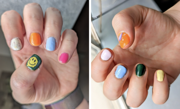Photo of two hands with painted nails in these colors: dark green with melting smiley face, white speckled, bright orange, periwinkle, hot pink. Next hand: bright orange with a design on top of white sparkles and a flowy rainbow looking swath, light pink, periwinkle, dark green, light yellow. 