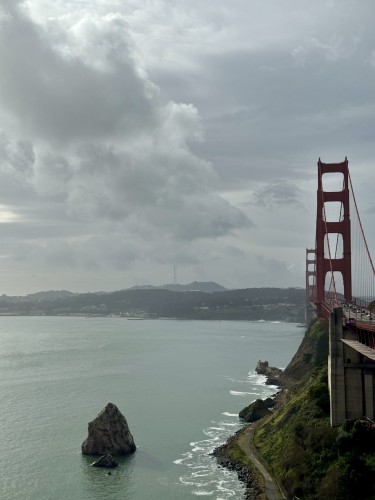 A photo from Marin of the Golden Gate Bridge; Sutro Tower is visible in the distance
