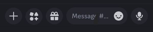 The Discord message input area for the mobile client on Android. The text input area is now barely 35% of the screen, the space taken by useless "apps and games" and "gift" buttons that could have been sitting inside the "plus" button instead.