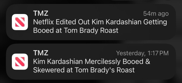 Two smartphone notifications from TMZ reporting on events related to a celebrity at Tom Brady's Roast.