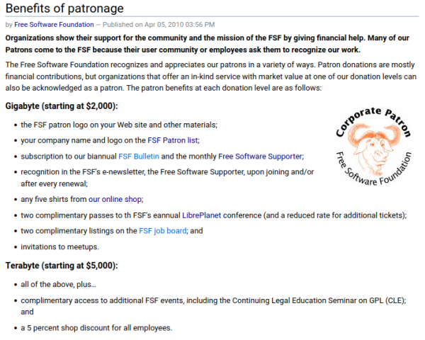 A screenshot of the "benefits of patronage" page. The text can be read on https://www.fsf.org/patrons/benefits