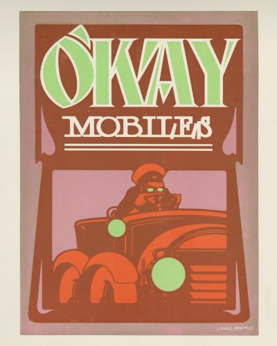 Book page with illustration of an early 1900s car and decorative lettering: “O’Kay Automobiles”