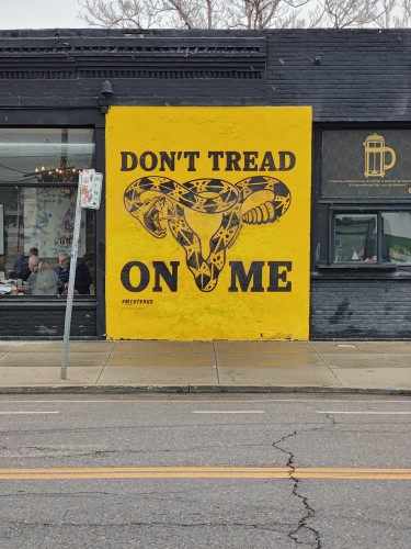 Bright yellow mural with the don't treat on me rattlesnake coiled in the shape of a uterus