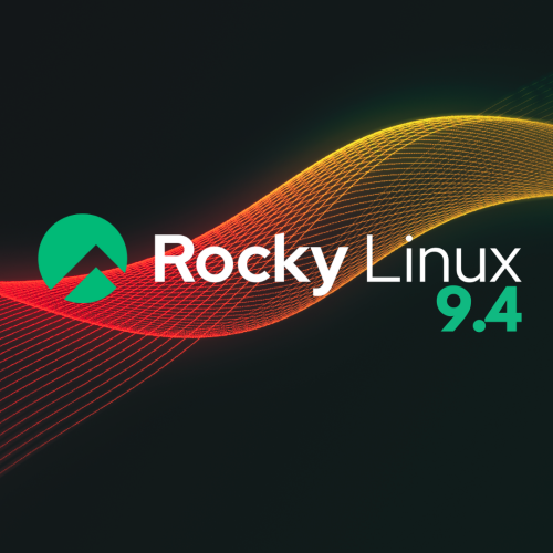 Rocky Linux 9.4 logo on a black field with a red to yellow gradient undulating mesh behind the words