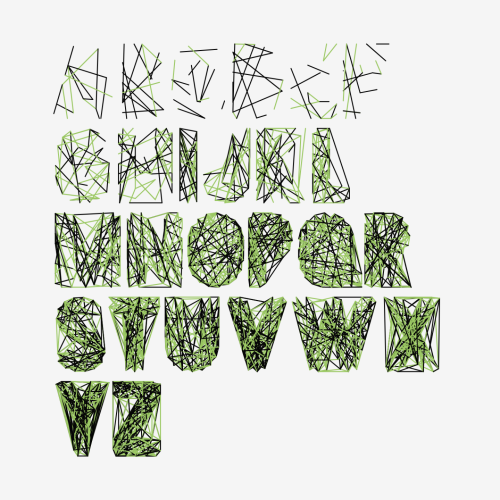 White background. All the letters of the Latin alphabet, made with straight green and black lines. The more we go towards the top, the fewer lines there are.