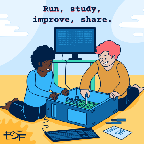 An image of two people looking inside a computer with the words, "Run, study, improve, share" at the top.