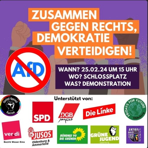 Plakat zur Demo mit Termin (siehe Tröt) und Unterstützern (Parteien und Verbände aus dem links-grünen Spektrum)