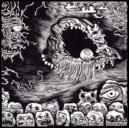 A black and white ink drawing, with a lot of dry brush texture.

At the bottom of the image a mass of people look on in awe and horror at this THING above them which takes up the center of the drawing. This thing is a fleshy mass. An amorphous monster, with a large hole that takes up most of its center. This hole has teeth and a bone white eyeball. There is a tuft of hair sprouting from this hole and goes down, like a beard. 

In the upper, viewer left is a strange face made of worms. 

Here and there are worms. In the upper right are more worms near a deformed moon with clouds covering it. Dark black stars dot this part of the sky.