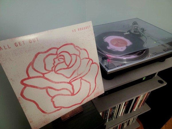 No Bouquet album by All Get Out. Cover art is a red outlined rose while record is black with a pink blotch