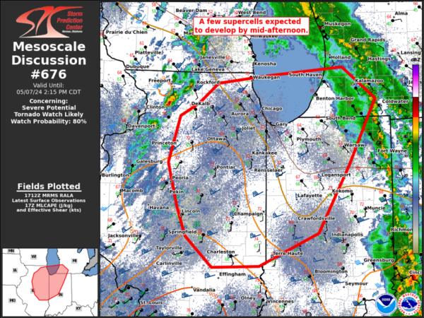 Mesoscale discussion plot showing areas in Indiana and Illinois that are under threat of severe weather this afternoon. 