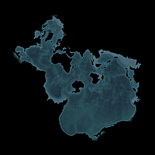 The Spilhaus projection of the world places Antarctica in the center, highlighting the interconnectedness of the world's water masses surrounded by continents.