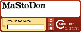 reCAPTCHA image with the word [redacted] written on it.