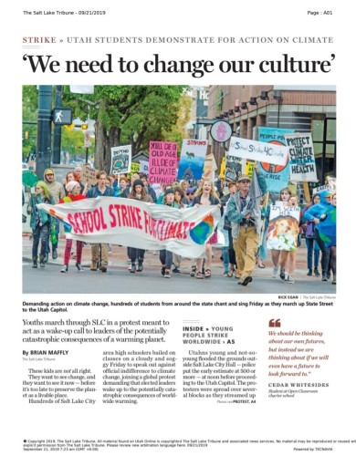 Front page of 9/21/19 Salt Lake Tribune on which one of my more effective climate protests made a positive impact