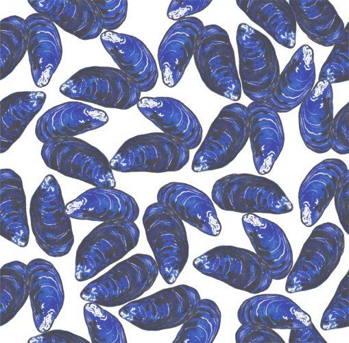 A random smattering of a large number of my linocut of two blue mussels in blue and black ink. The square image can be tessellated to make a repeat pattern.