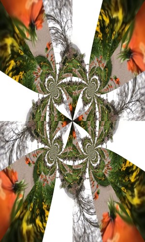 Flowers in a park in spring. The picture is distorted to create an ornament.