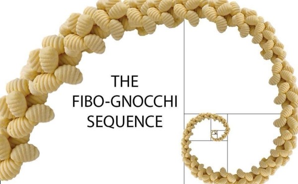 A representation of the golden-ratio made from pasta shells is labelled: THE FIBO-GNOCCHI SEQUENCE
