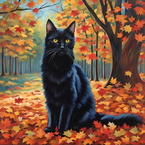 the big black cat in his autumn woods