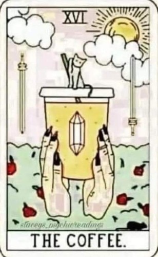 A stylised tarot card featuring a disposable coffee cup, with the sun coming out from behind clouds, a gem emblazoned on the cup, and a cat cleaning it's butt on the lid.