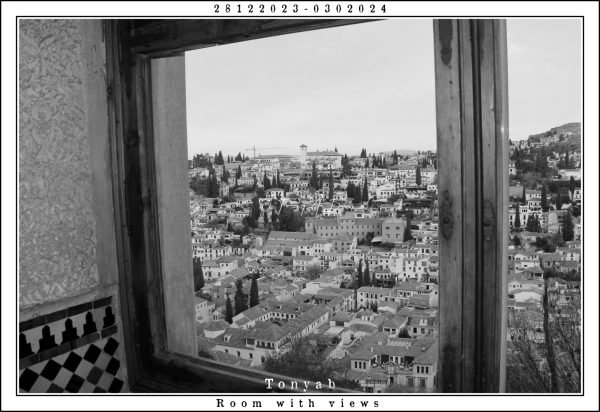 Black and white view of the surroundings of the Alhambra (Granada, Spain) through one of its windows.