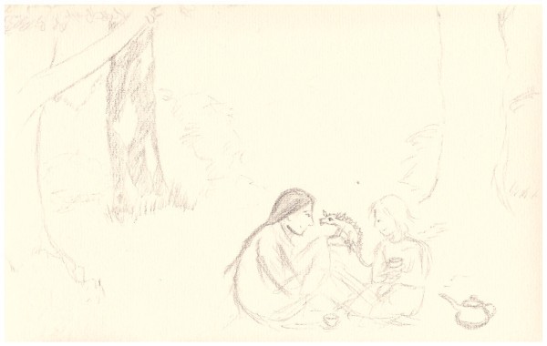 Eine sehr unfertige alte Bleistiftskizze auf leicht gelblichem Papier. Zwei Menschen - ein noch relativ junger Mann mit langem schwarzem Zopf und ein blondes Mädchen mit etwas über kinnlangen Haaren - sitzen neben einer Teekanne im Gras, im Hintergrund eine Birke und ein anderer Baum. Der Mann hält einen kleinen Drachen auf dem Knie, die beiden sehen einander an; das Mädchen hat eine Teeschale in der Hand, eine weitere Teeschale steht im Gras.